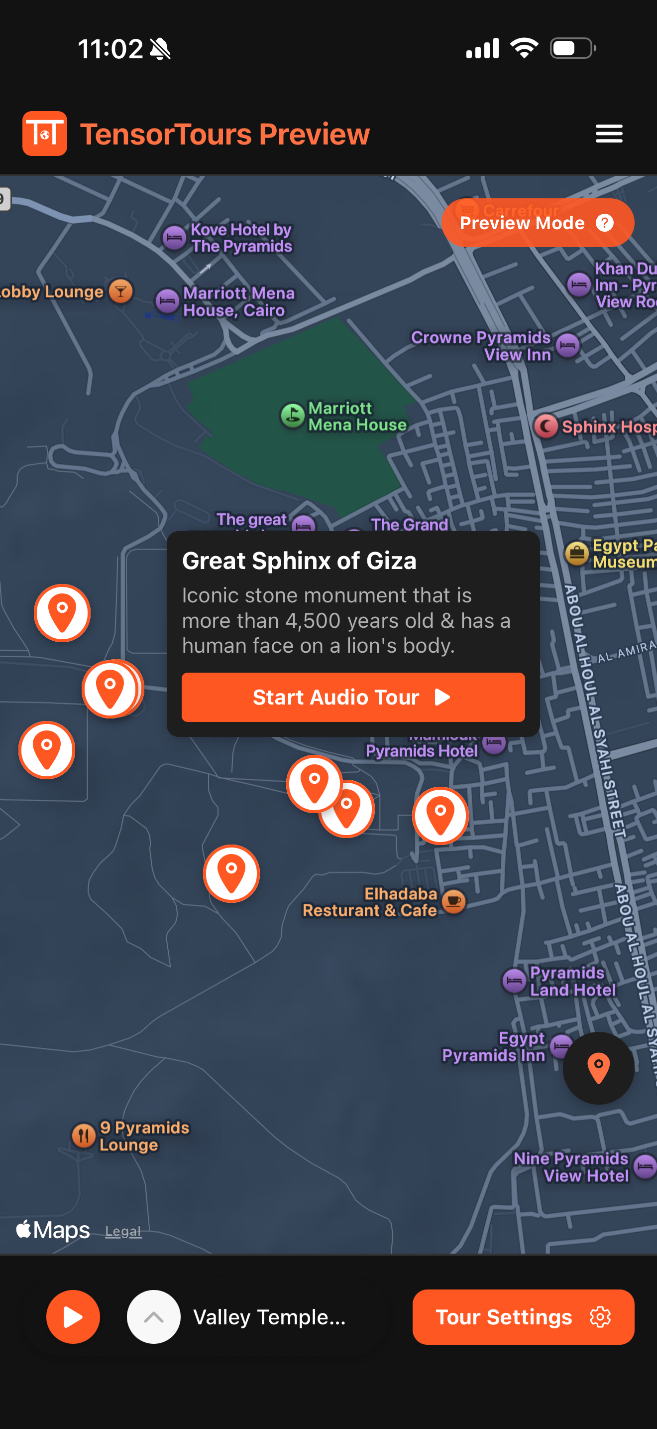 TensorTours app screenshot - Tour selection